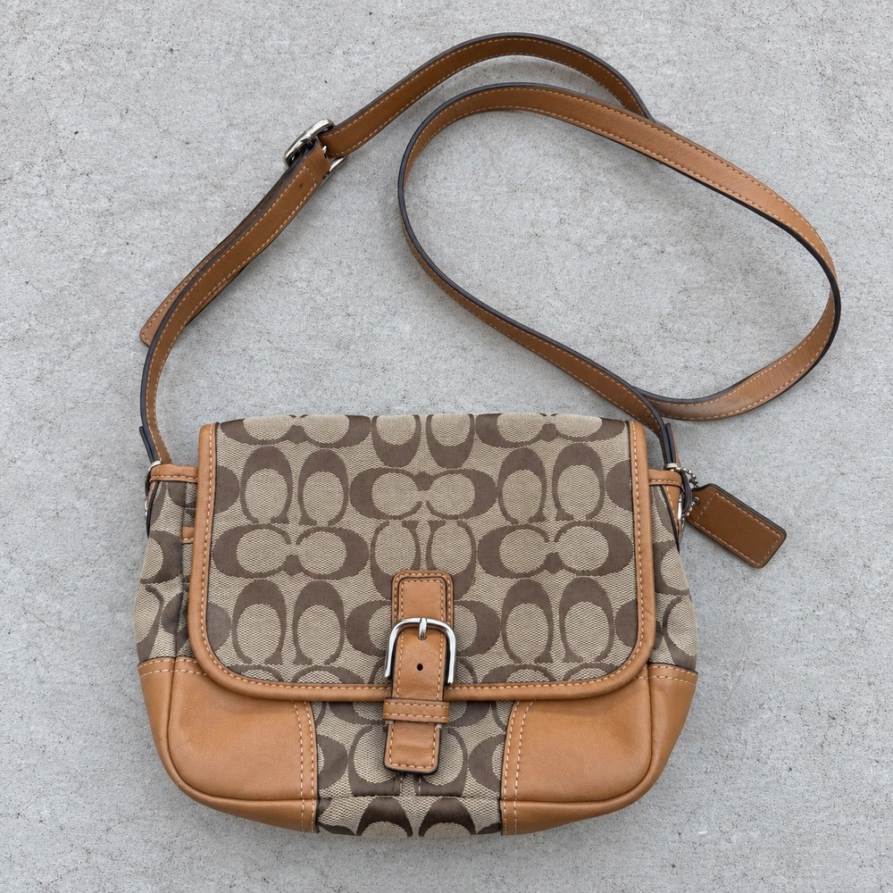 Coach F30601 Signature C Crossbody Bag Khaki Brown Leather Trim Messenger